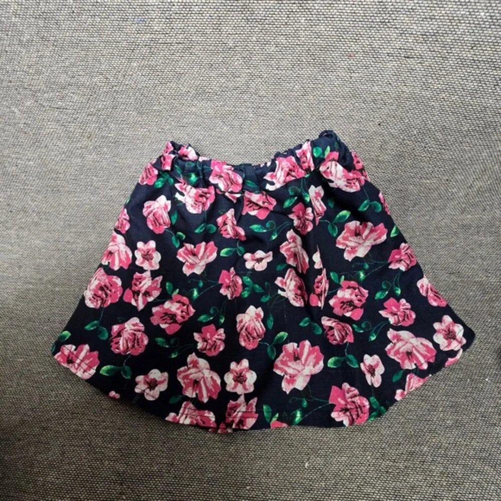 Navy Blue Pink Floral Elastic Waist Mini Skirt A-Line Botanical Print Small‎